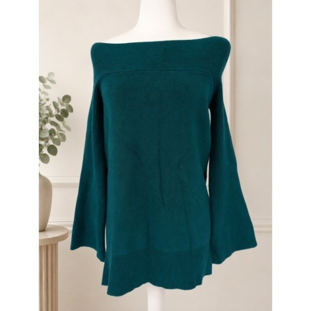 Anthropologie Off The Shoulder Sweater Women XS Teal Ribbed Bell Sleeve Knit